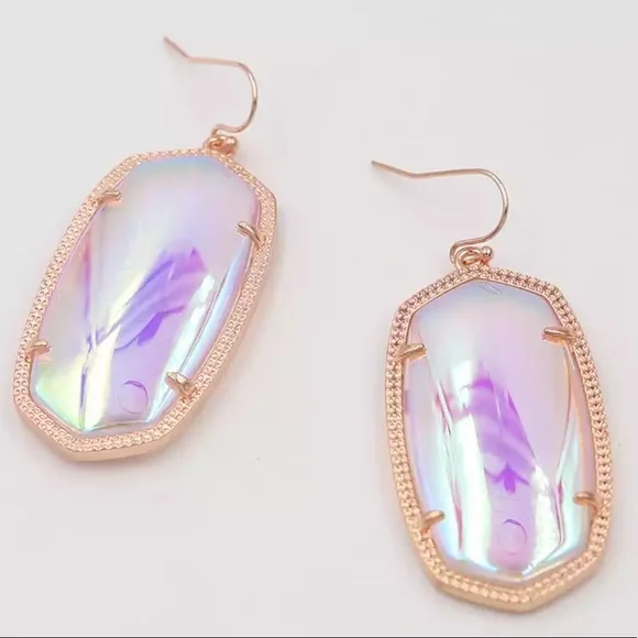 Rose Gold Drop Earrings In Dichroic Glass - Picture 2 of 2